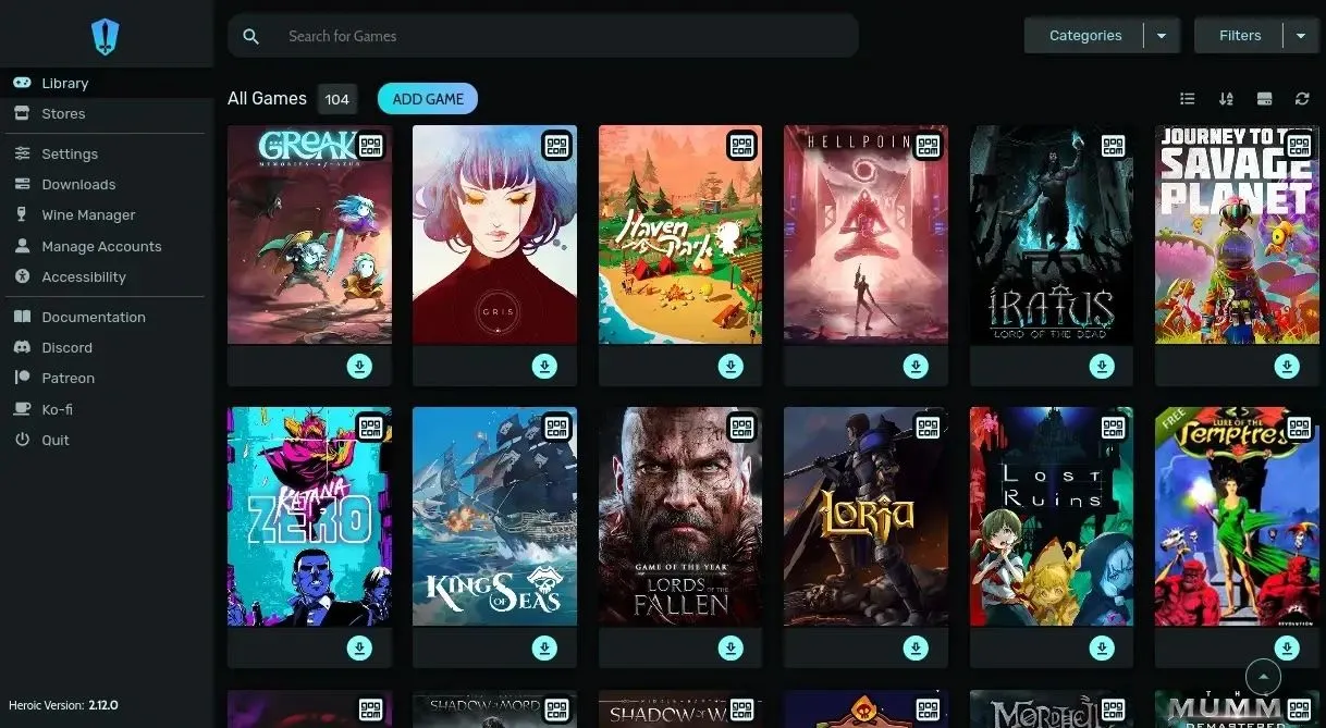 Giao diện chính của Heroic Games Launcher, trình quản lý game đa nền tảng