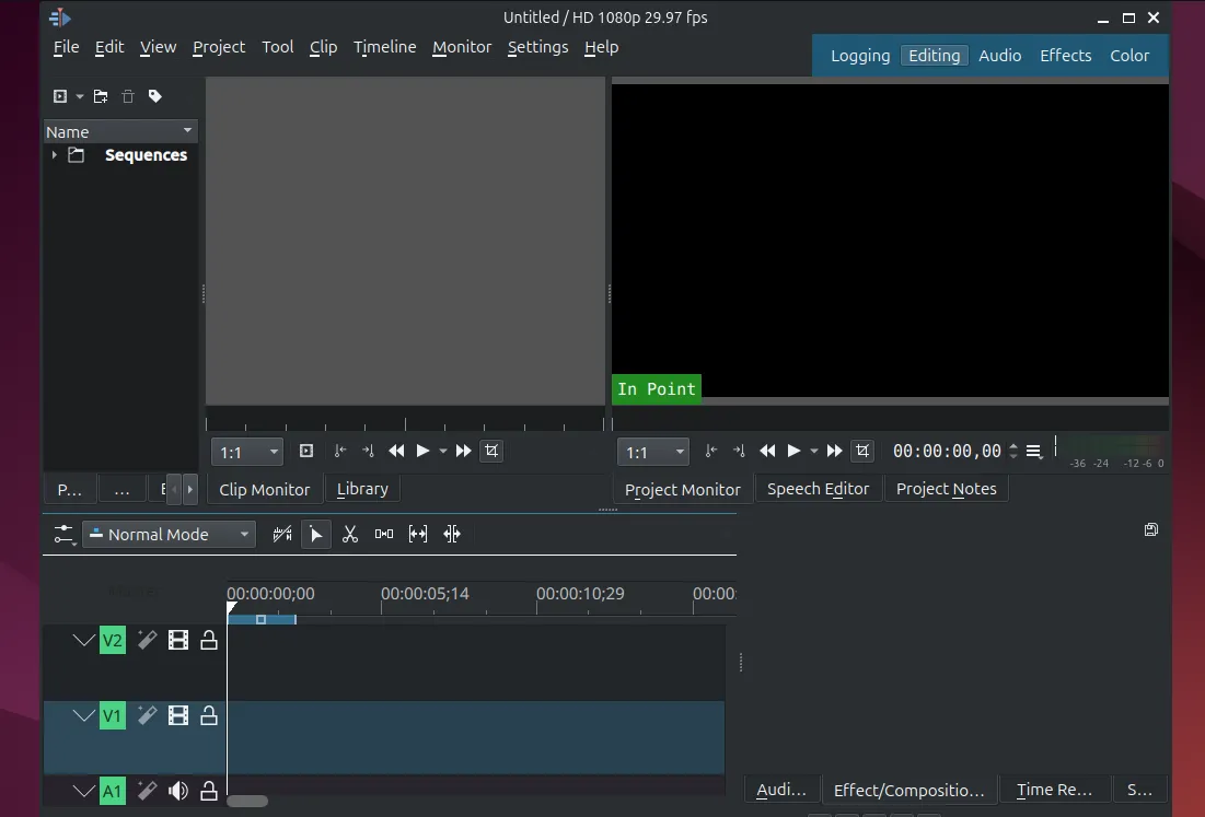 Giao diện chính của trình chỉnh sửa video Kdenlive hoạt động trên hệ điều hành Ubuntu