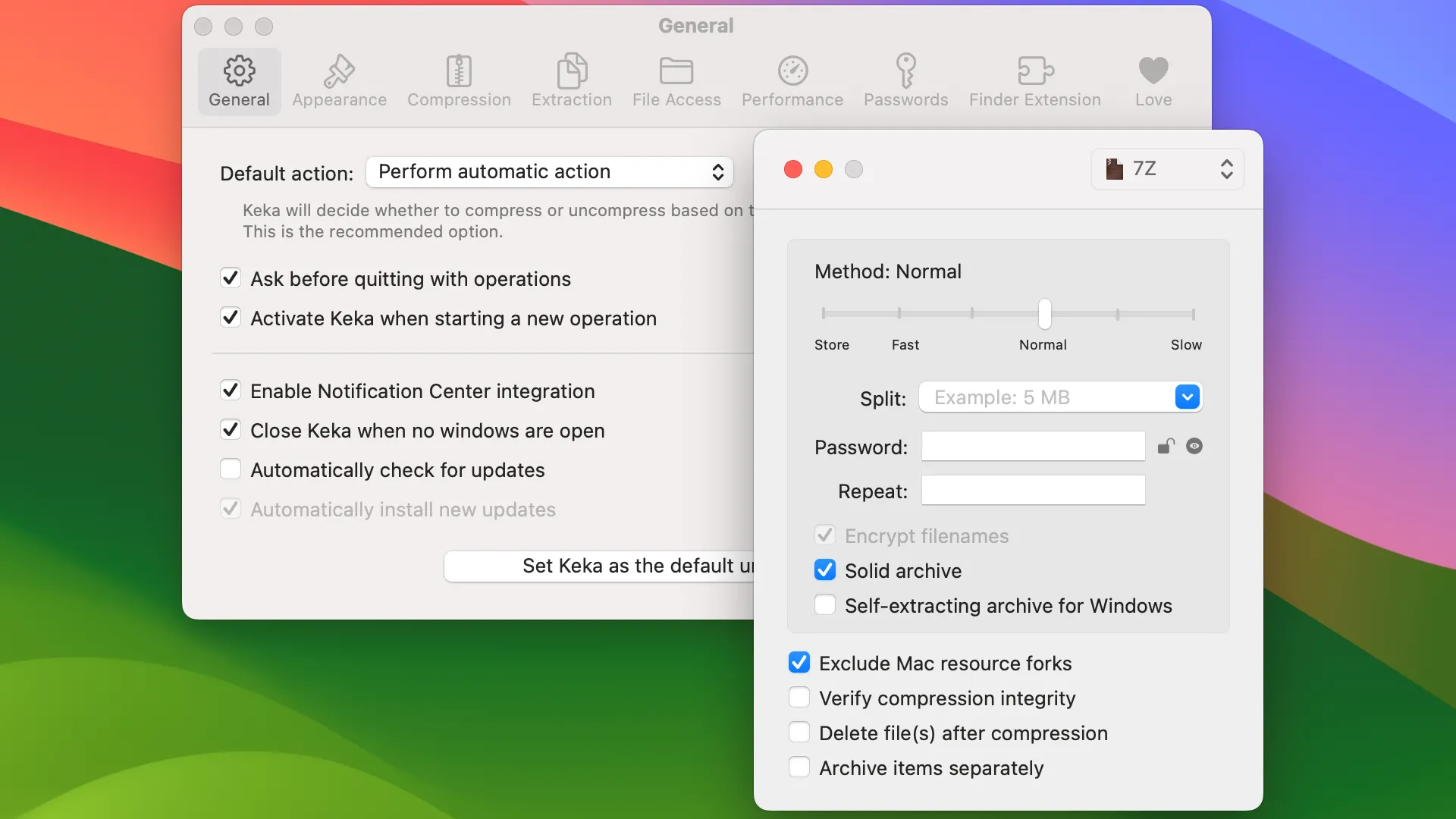 Giao diện chính của ứng dụng Keka, công cụ nén và giải nén tệp tin hiệu quả trên macOS.