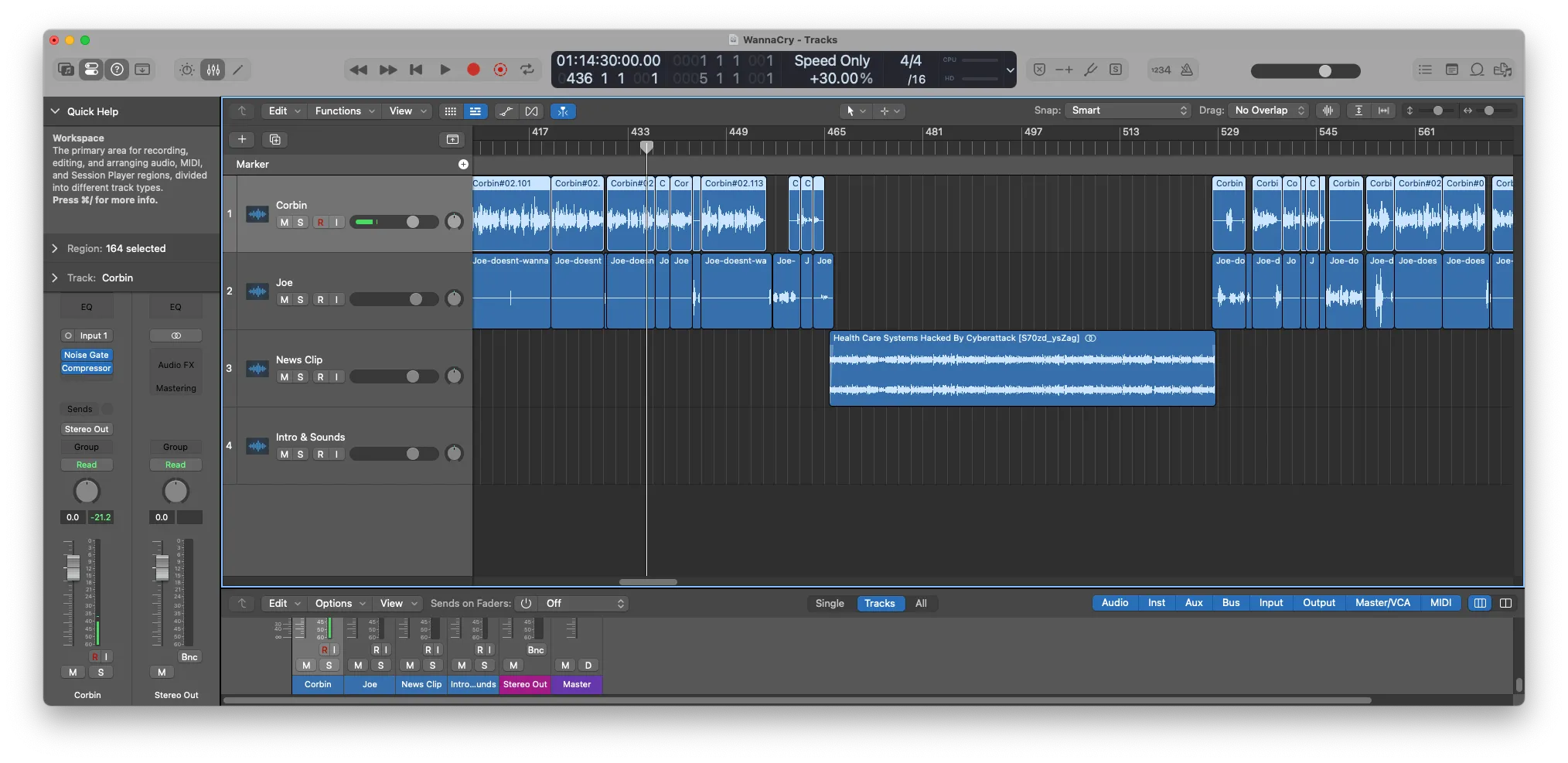 Giao diện chỉnh sửa một tập podcast trong Logic Pro, thể hiện khả năng biên tập đa track chuyên nghiệp hơn GarageBand.