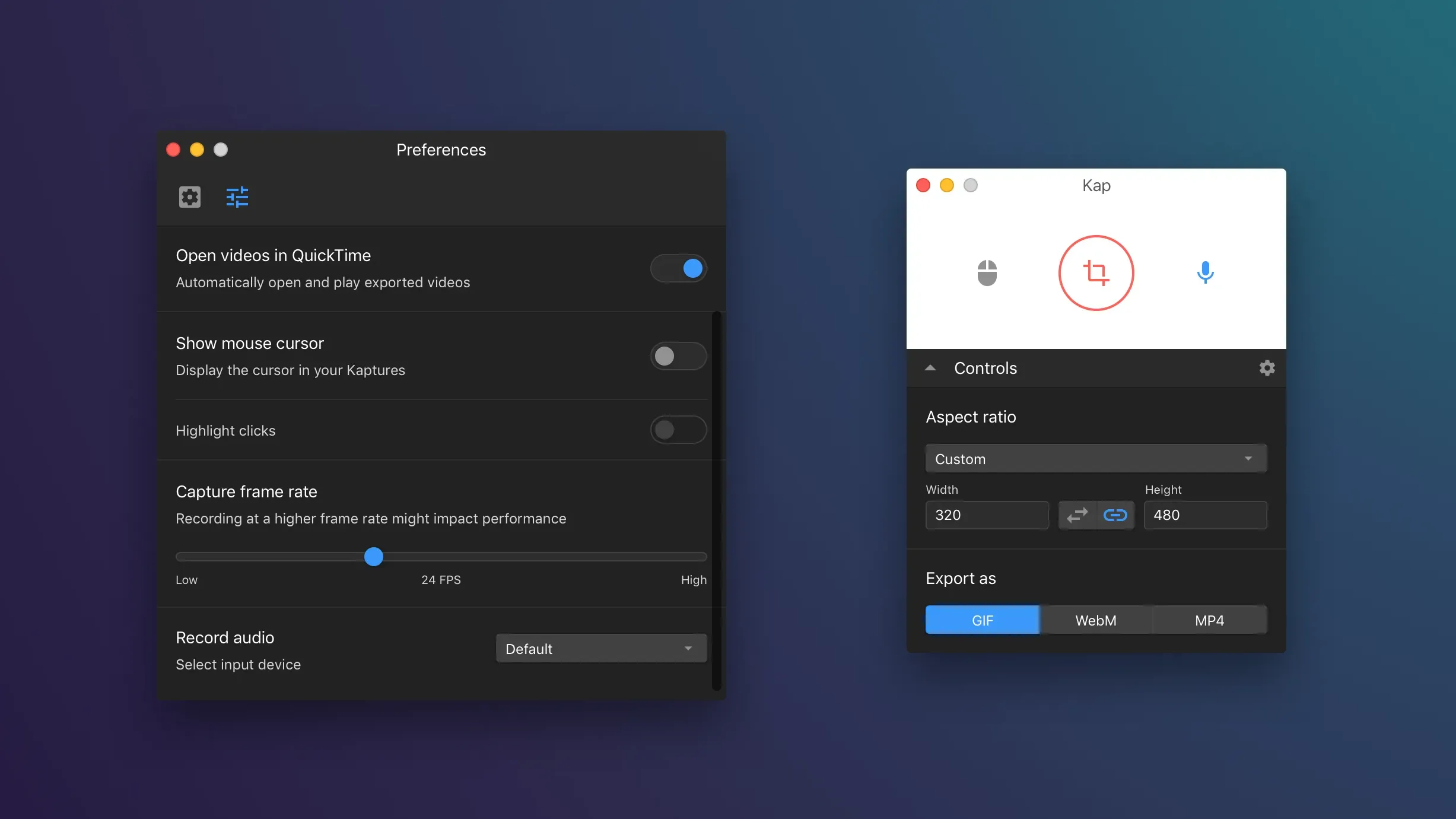 Giao diện chụp màn hình của ứng dụng Kap trên macOS, cho phép ghi video và GIF chất lượng cao.