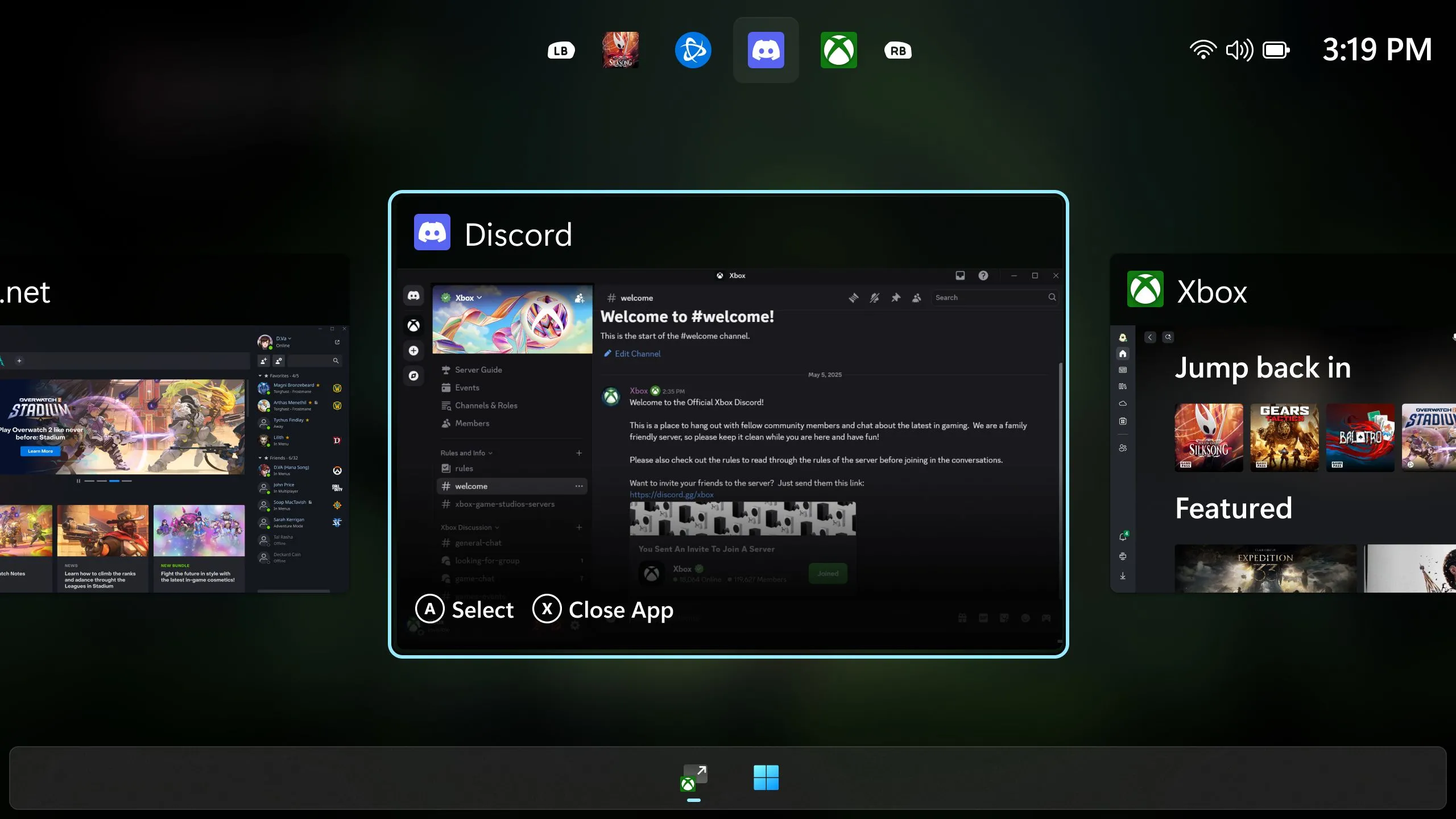 Giao diện chuyển đổi ứng dụng Windows thân thiện với tay cầm trên ROG Xbox Ally, hỗ trợ đa nhiệm hiệu quả