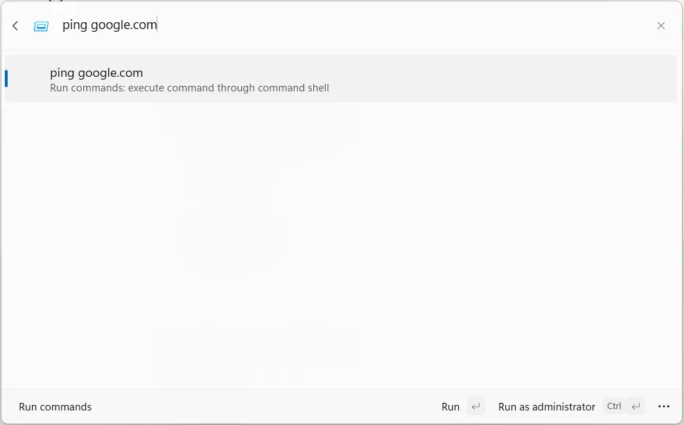 Giao diện Command Palette trên Windows đang thực thi một lệnh Command Prompt, ví dụ như &quot;ipconfig&quot;, hiển thị kết quả trong cửa sổ dòng lệnh.