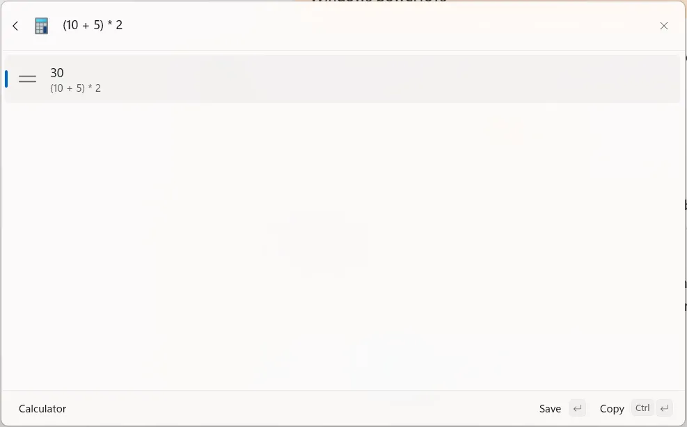 Giao diện Command Palette trên Windows hiển thị một phép tính đơn giản như &quot;5*6&quot; và kết quả được hiển thị ngay lập tức.