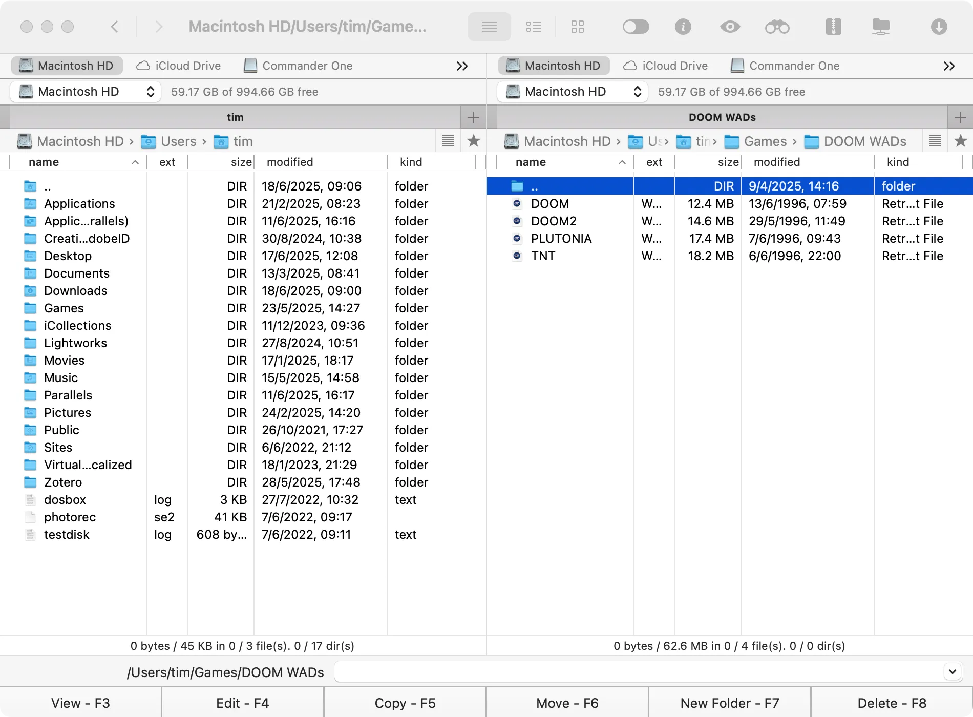 Giao diện Commander One, phần mềm quản lý tệp hai khung cho macOS.