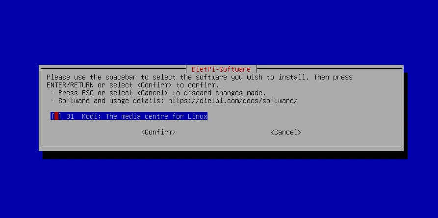 Giao diện công cụ dietpi-software đang tìm kiếm gói Kodi để cài đặt server giải trí