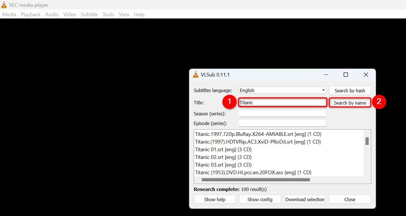Giao diện công cụ VLsub trong VLC, cho phép người dùng nhập tên video và tìm kiếm phụ đề online