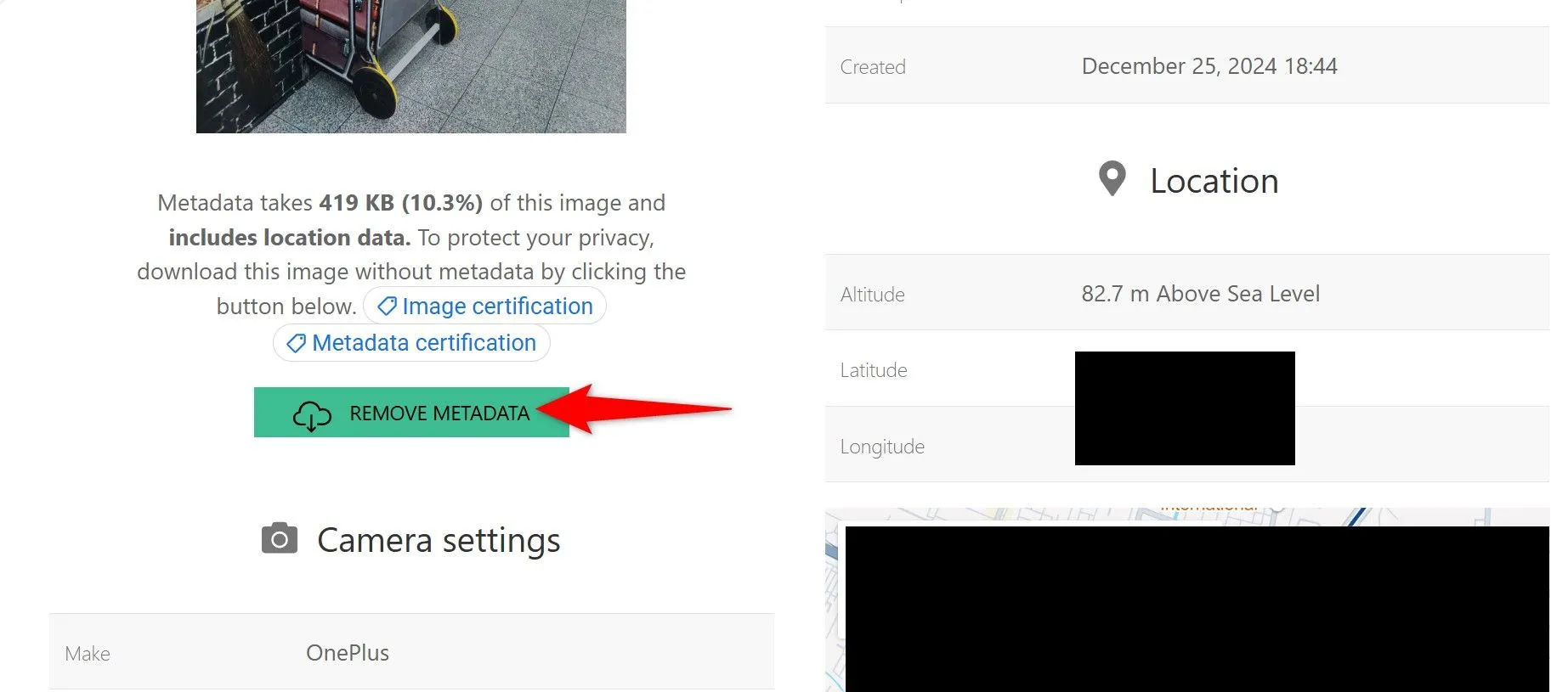 Giao diện của Jimpl, hiển thị tùy chọn &quot;Remove Metadata&quot; để xóa thông tin ảnh.
