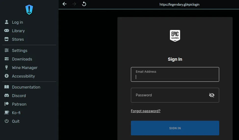 Giao diện đăng nhập Epic Games trong Heroic Games Launcher trên Steam Deck, giúp truy cập thư viện game ngoài Steam.