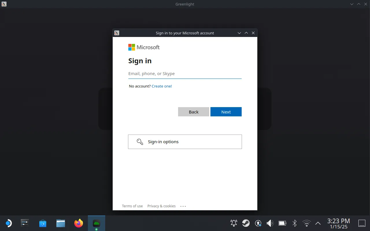 Giao diện đăng nhập tài khoản Microsoft/Xbox vào ứng dụng Greenlight trên Steam Deck