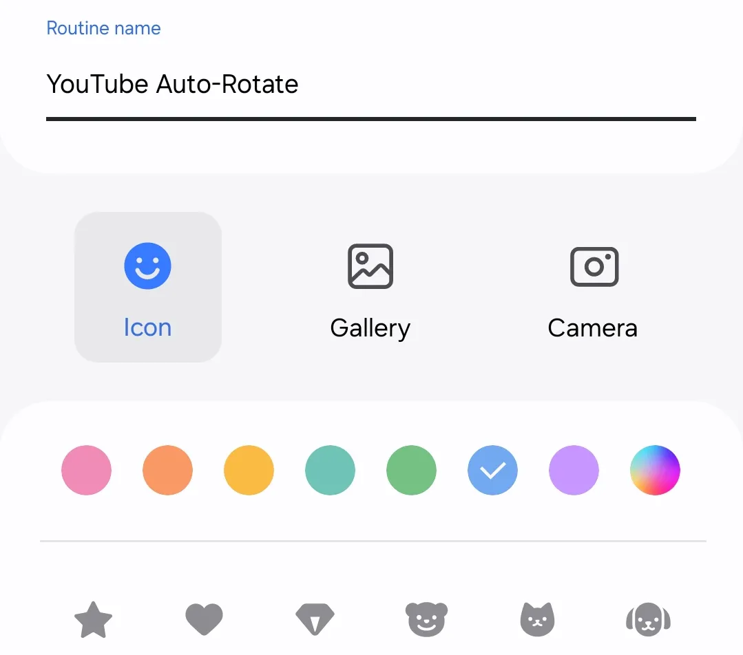 Giao diện đặt tên và tùy chỉnh biểu tượng cho quy trình &quot;Tự động xoay YouTube&quot; trên Samsung