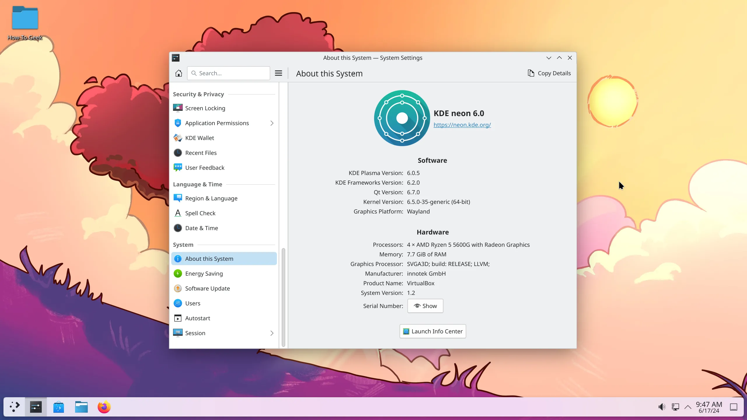 Giao diện desktop KDE Neon với môi trường KDE Plasma 6, một trong những giao diện Linux phổ biến