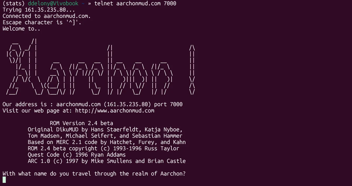 Giao diện dòng lệnh (terminal) hiển thị kết nối Telnet đến trò chơi MUD Aarchon, một ví dụ về game nhập vai văn bản nhiều người chơi trên Unix.