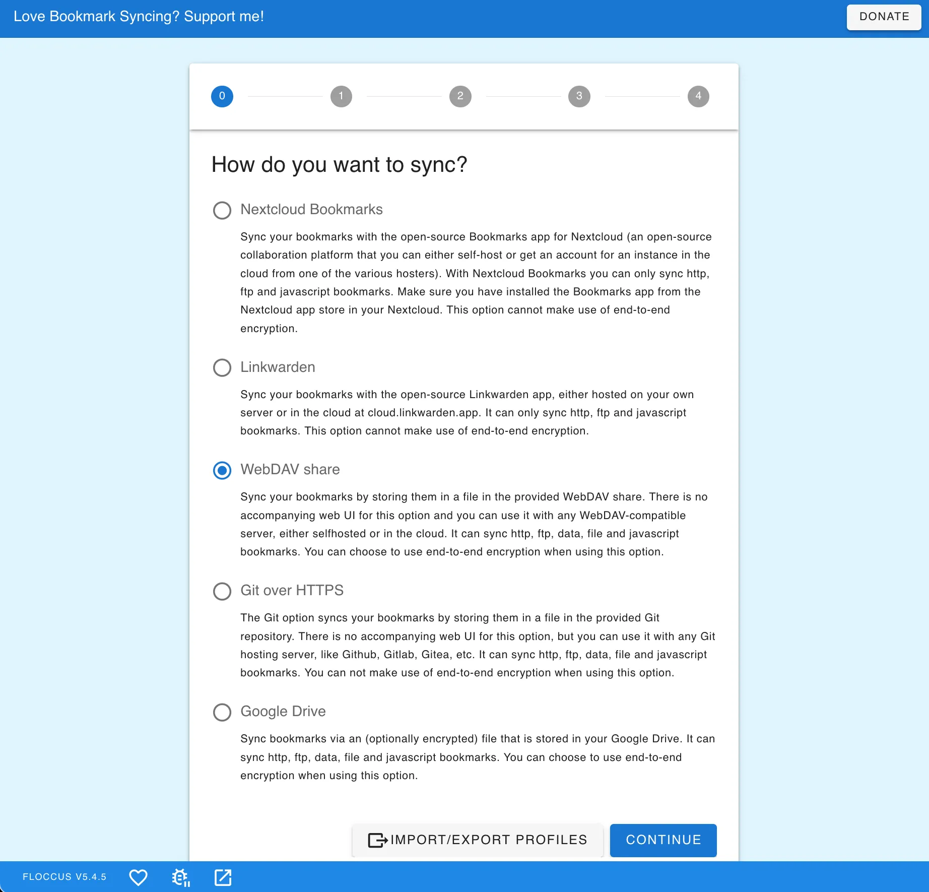 Giao diện Floccus chọn phương thức WebDAV để đồng bộ bookmark và lịch sử duyệt web riêng tư