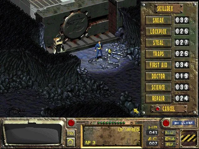 Giao diện gameplay kinh điển của Fallout, một game nhập vai hậu tận thế huyền thoại.