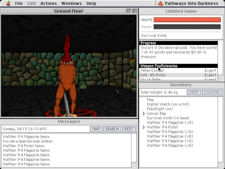 Giao diện gameplay từ Pathways Into Darkness, tựa game FPS tiên phong của Bungie trên nền tảng Macintosh, nổi bật với yếu tố kể chuyện