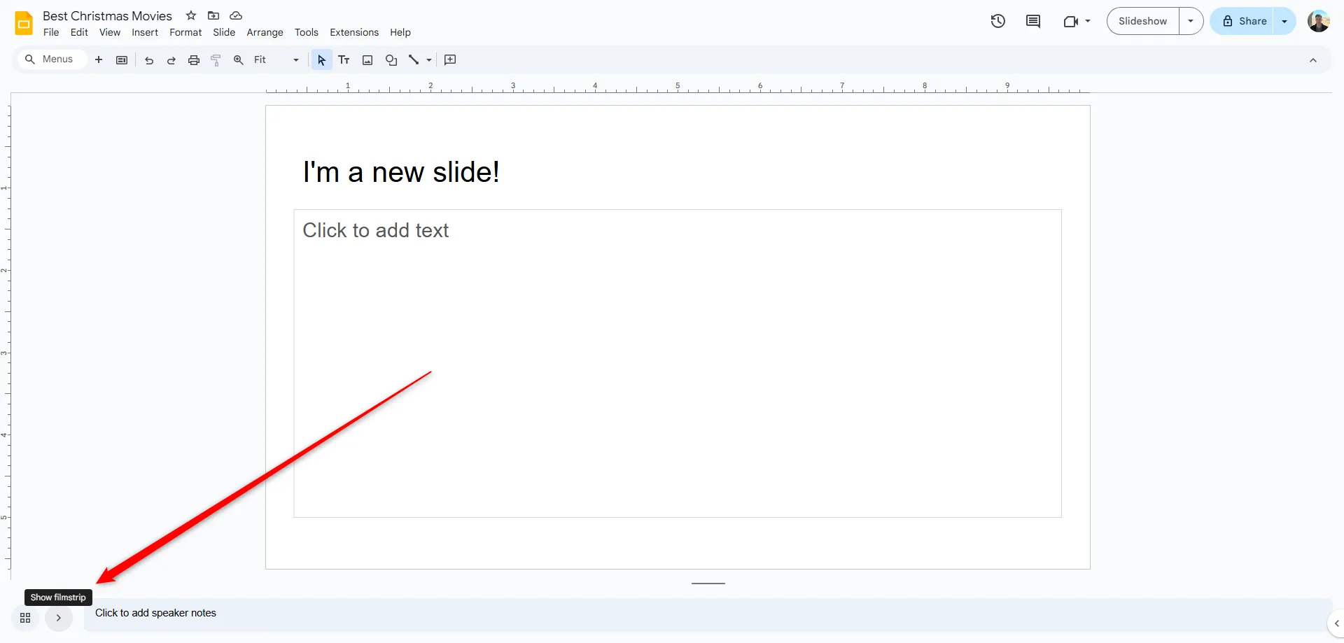 Giao diện Google Slides với thanh bên bị thu gọn, hiển thị nút mở rộng
