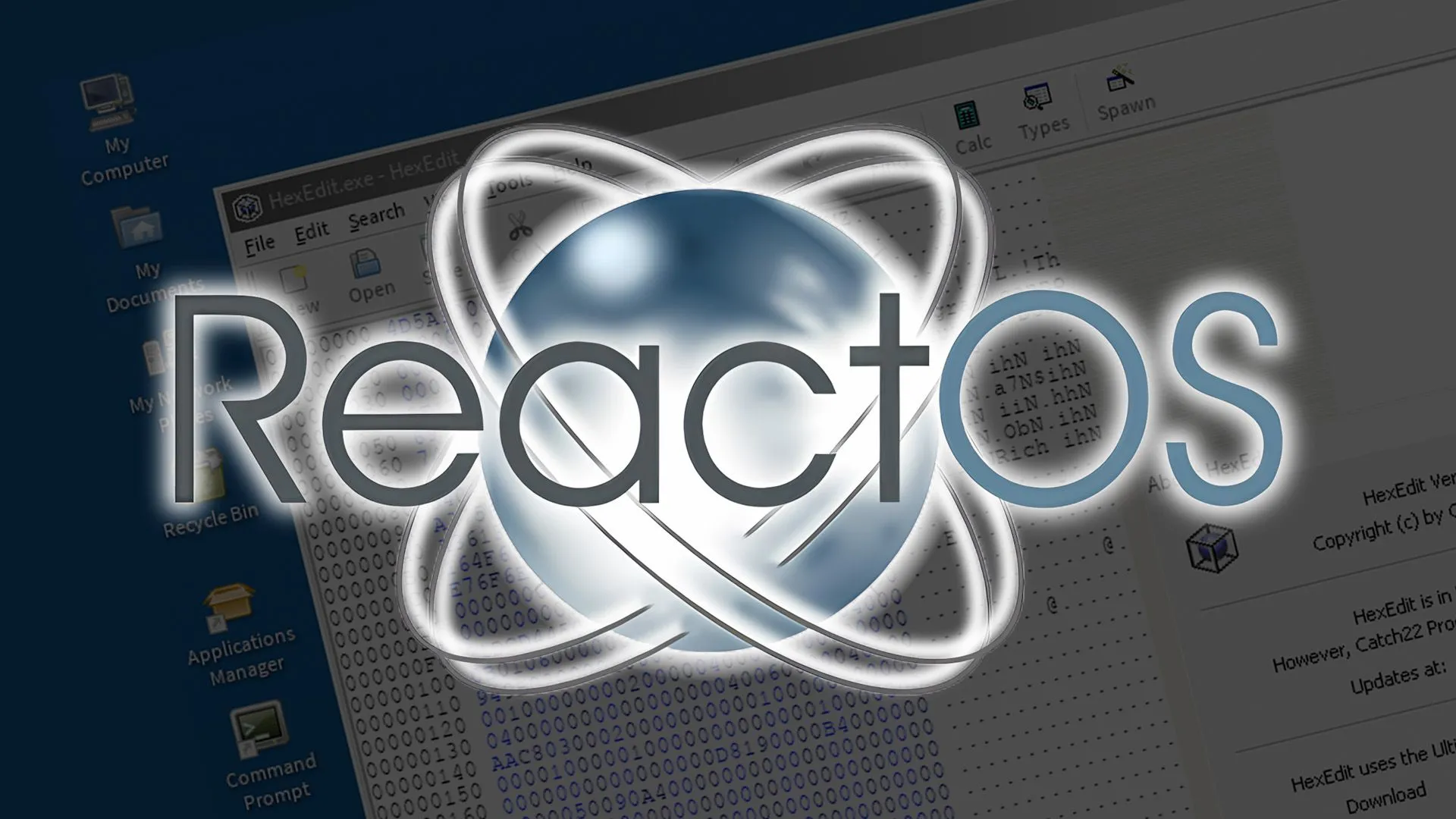 Giao diện hệ điều hành ReactOS với các biểu tượng quen thuộc của Windows, thể hiện khả năng tương thích phần mềm