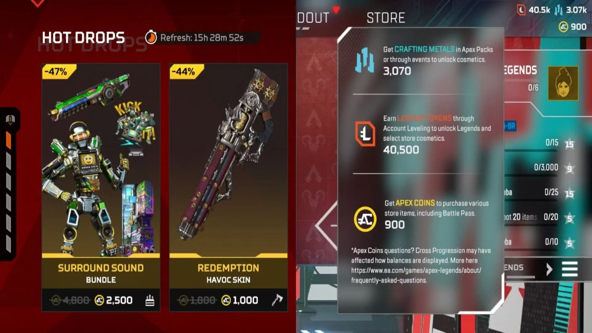 Giao diện hiển thị các loại tiền tệ ảo khác nhau trong game Apex Legends