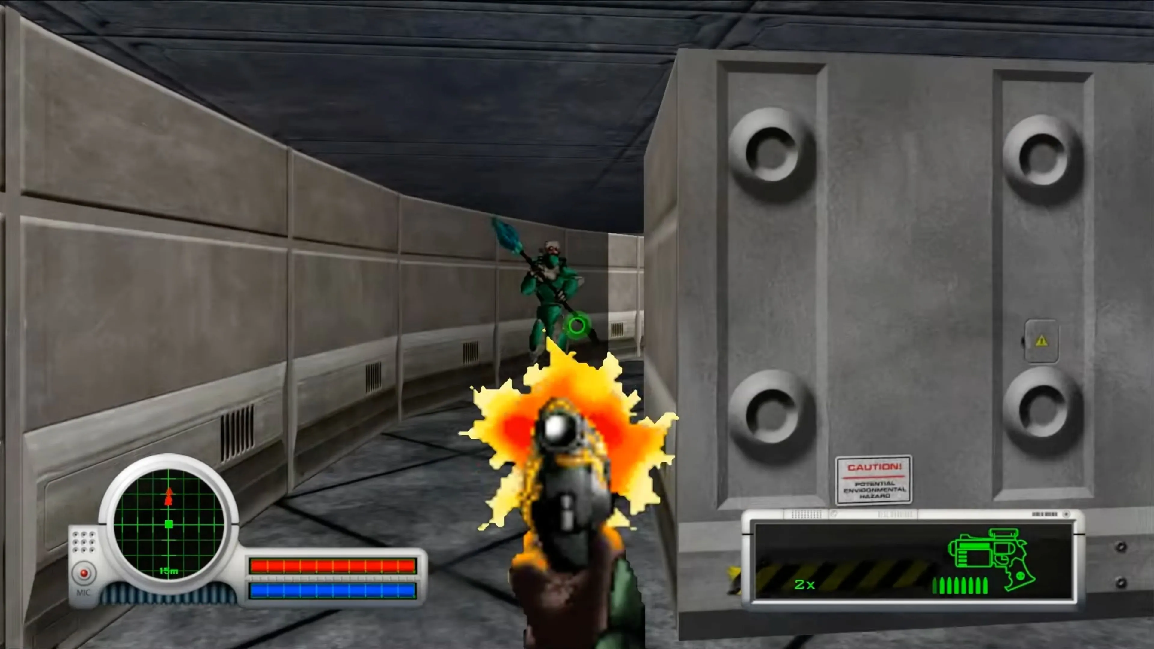 Giao diện HUD và môi trường trong game Marathon năm 1994, thể hiện phong cách sci-fi