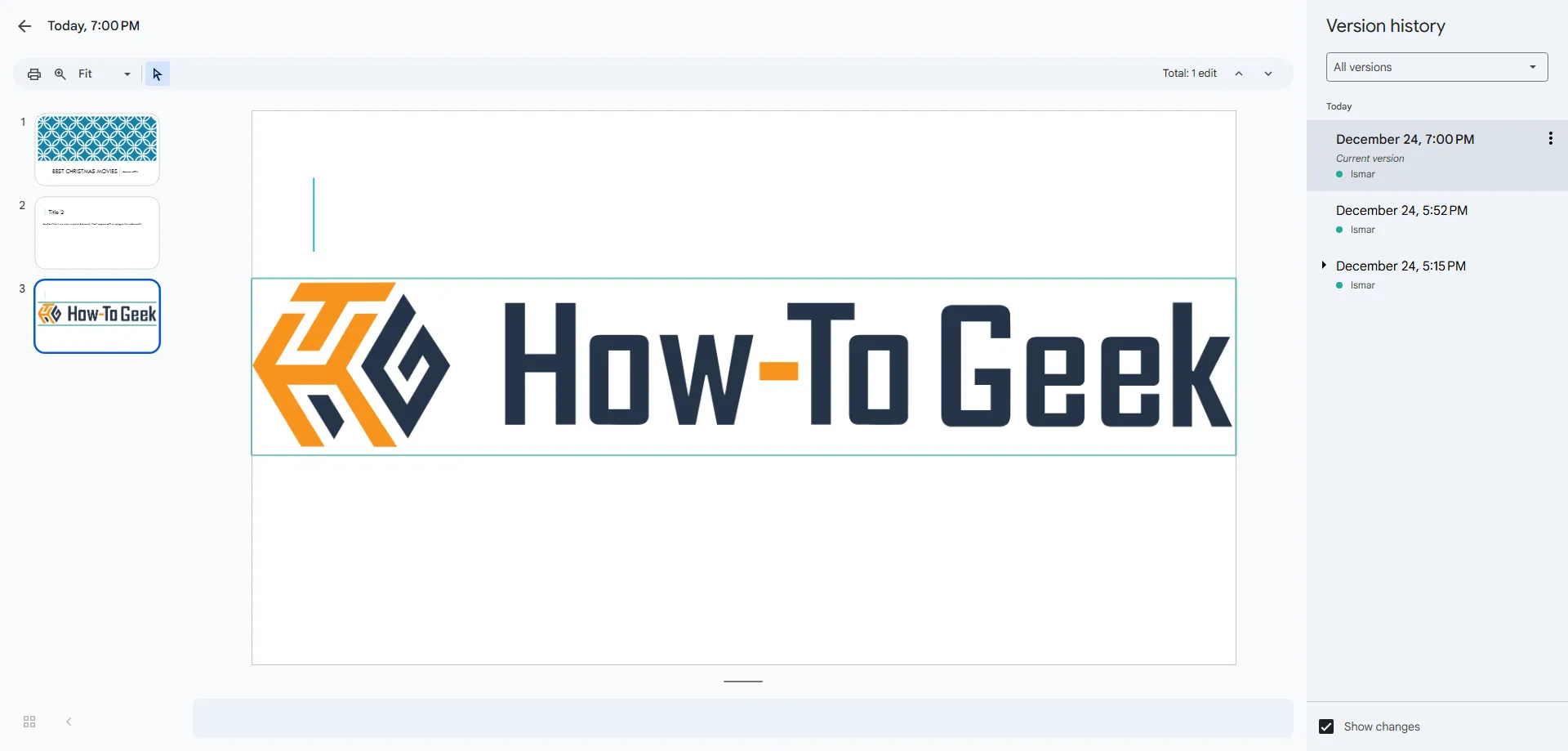 Giao diện lịch sử phiên bản của bài thuyết trình trong Google Slides