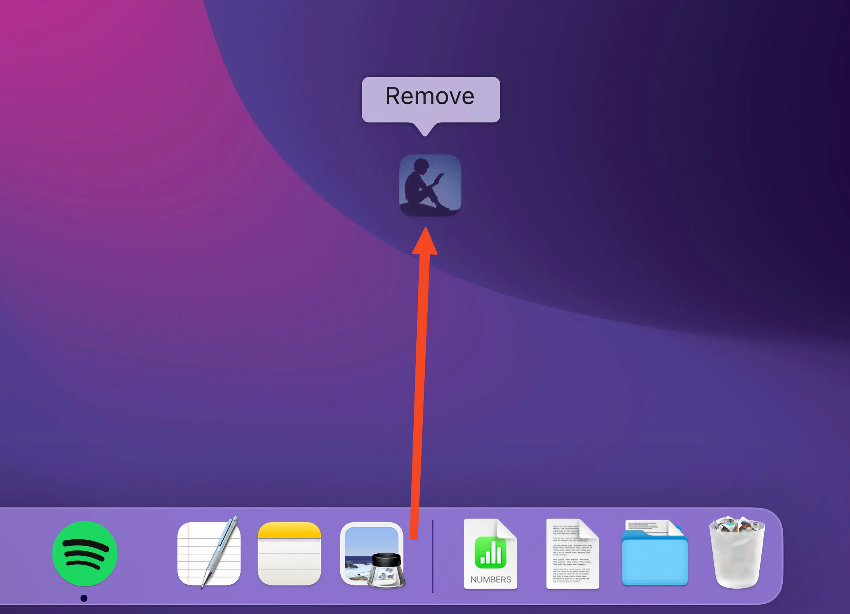Giao diện macOS hiển thị cách kéo một biểu tượng ứng dụng ra khỏi Dock để gỡ bỏ.