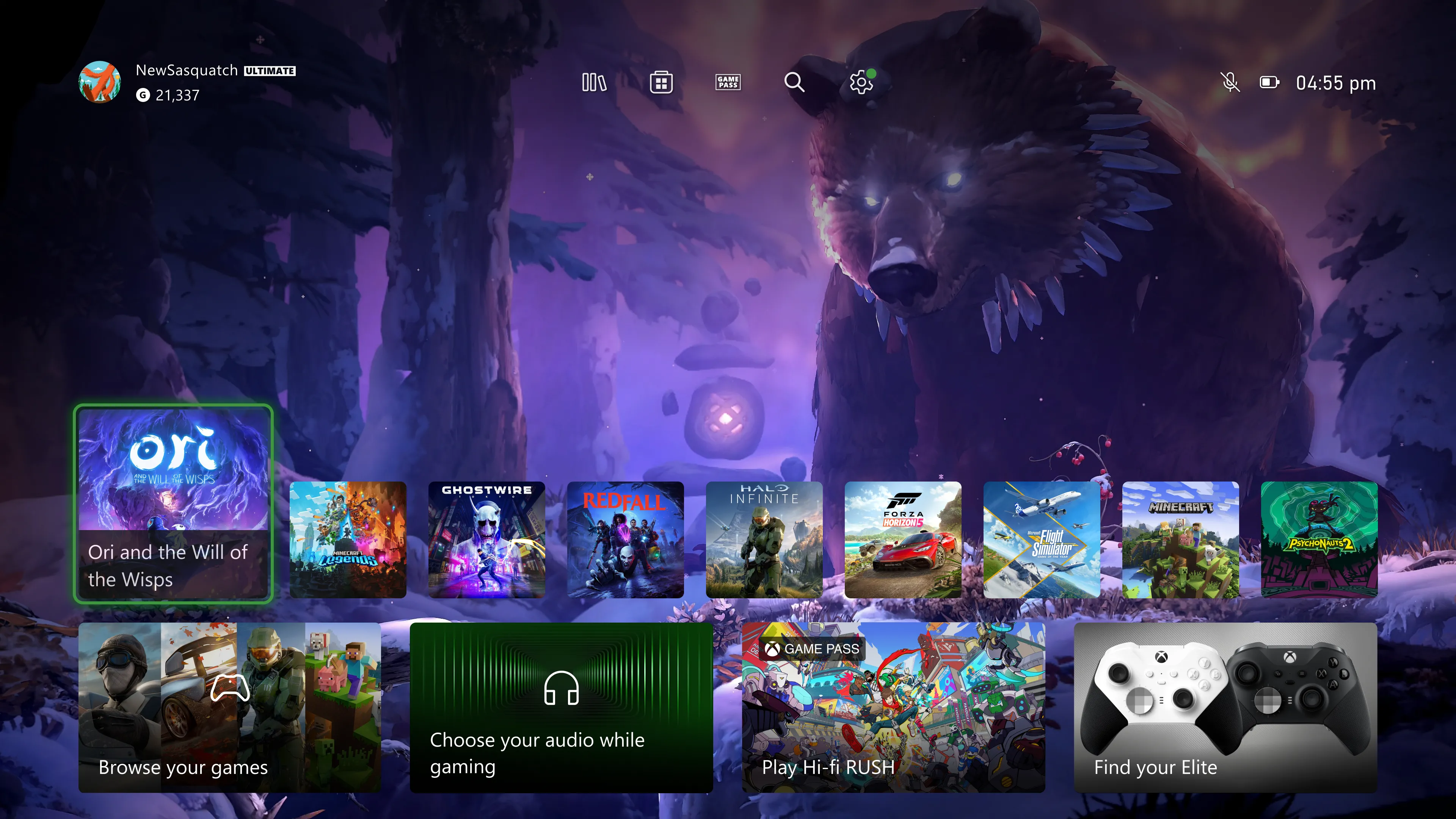 Giao diện màn hình chính Xbox với menu truy cập nhanh ở trên cùng, minh họa cho trải nghiệm điều khiển tối ưu.