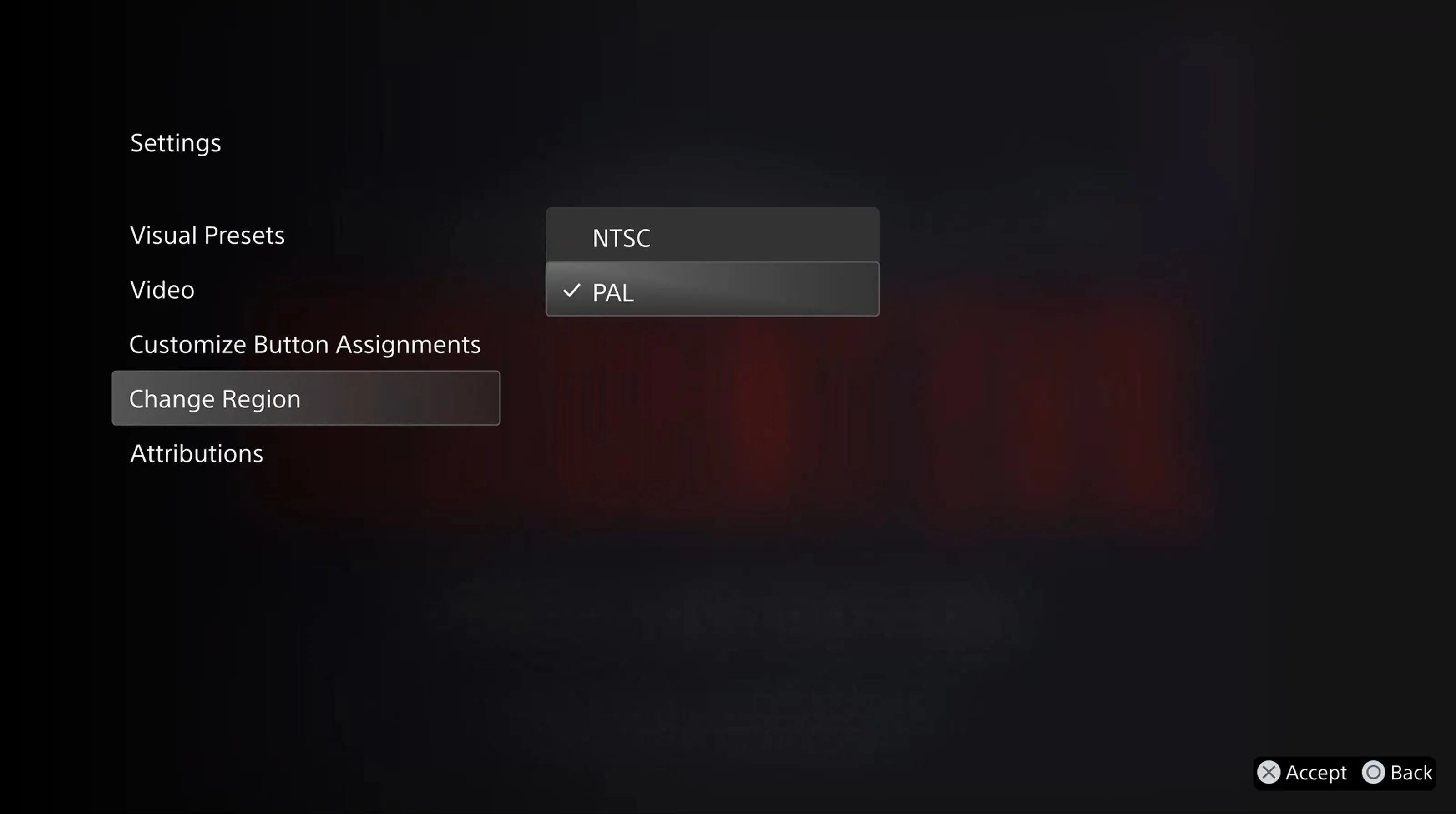 Giao diện menu &quot;Change Region&quot; cho phép chọn chuẩn NTSC hoặc PAL trong cài đặt giả lập PlayStation Classics