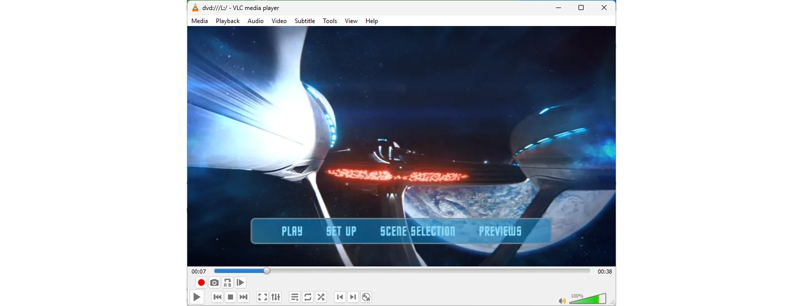 Giao diện menu khởi động của bộ phim Star Trek Beyond trên VLC, hiển thị các tùy chọn xem phim và cài đặt âm thanh, phụ đề.