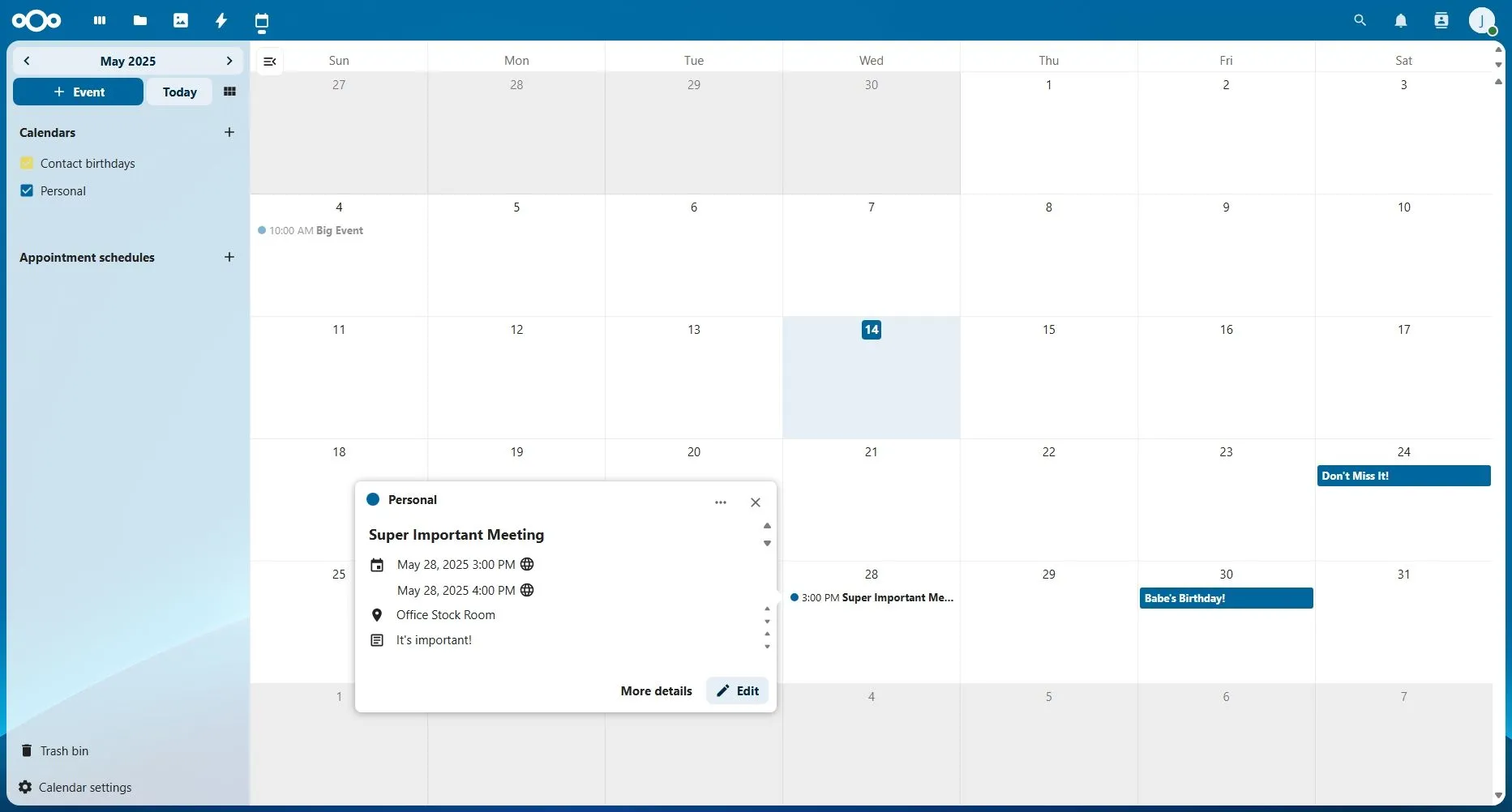Giao diện Nextcloud Calendar hiển thị các sự kiện và lịch trình