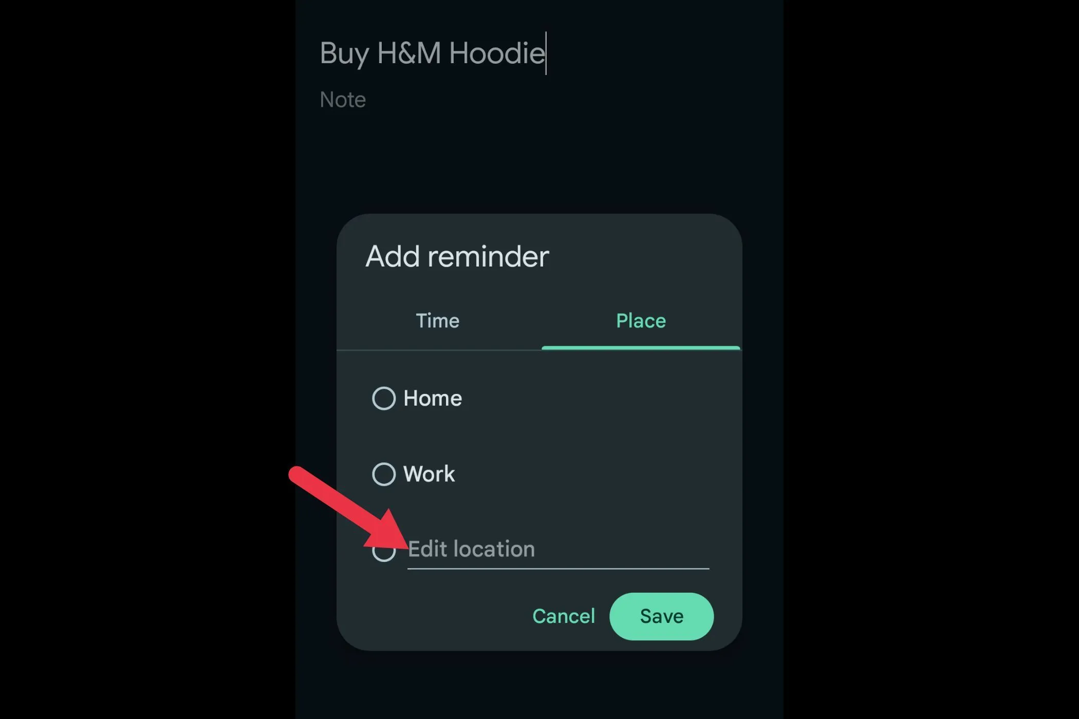 Giao diện nhập tên địa điểm để cài đặt nhắc nhở dựa trên vị trí trong Google Keep.