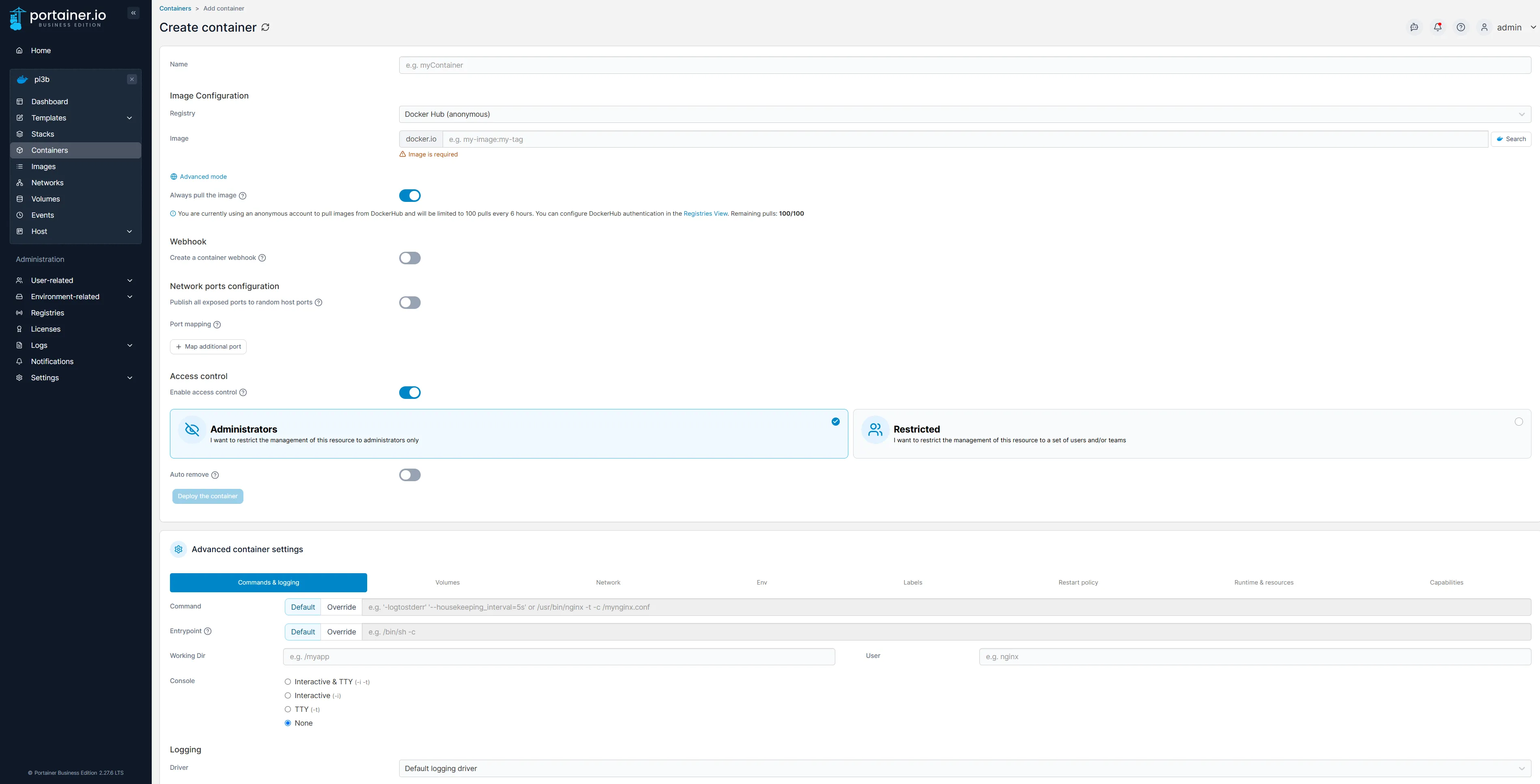 Giao diện Portainer để thêm một Docker container mới.