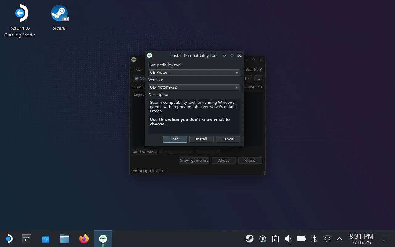 Giao diện ProtonUp-Qt trên SteamOS, một công cụ hữu ích để cài đặt và quản lý các phiên bản GE-Proton, cải thiện khả năng tương thích game.