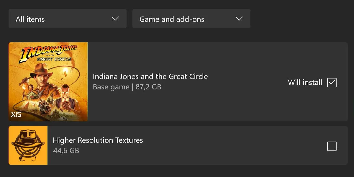 Giao diện quản lý nội dung game Indiana Jones and the Great Circle trên Xbox, cho phép bỏ chọn gói texture HD để tiết kiệm dung lượng tải