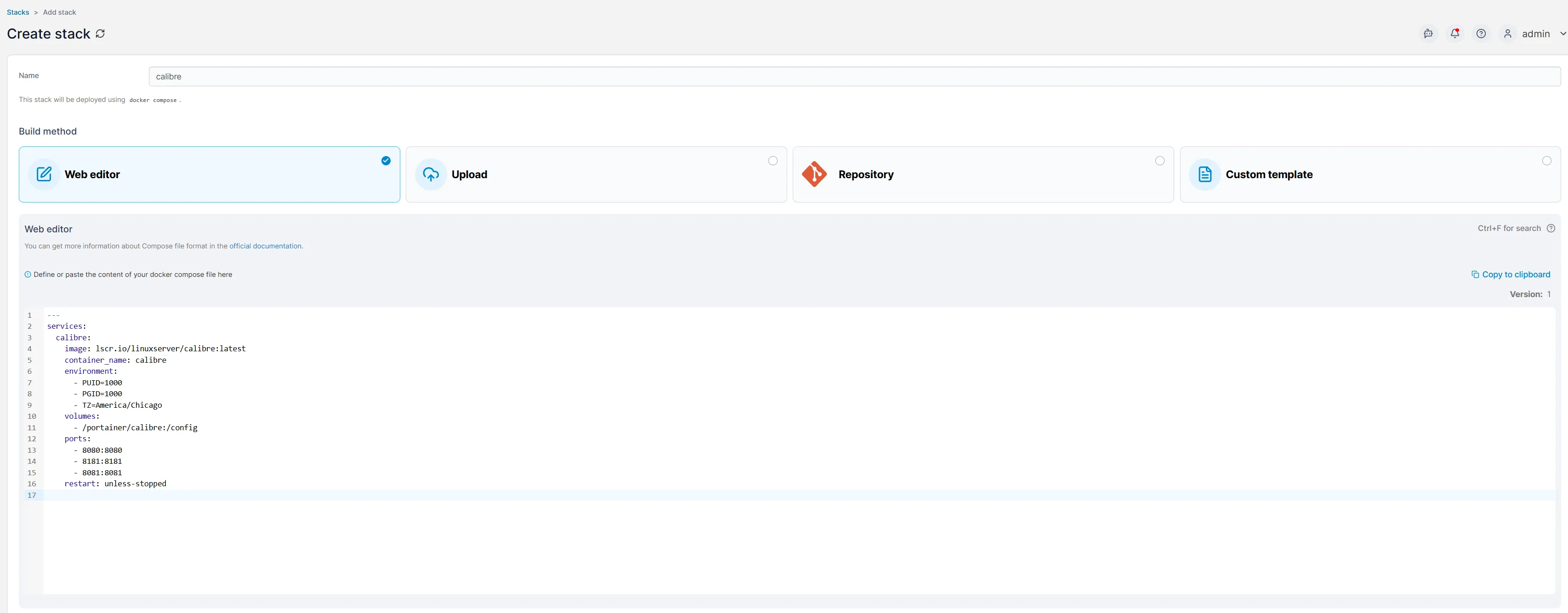 Giao diện quản trị Portainer với các cài đặt cần thiết để khởi chạy Docker container Calibre.