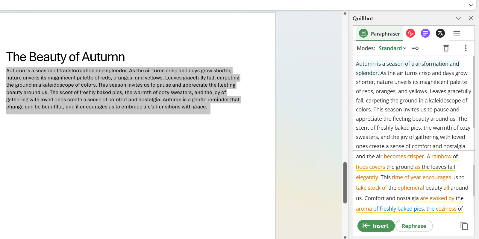Giao diện QuillBot trong thanh công cụ bên cạnh tài liệu Microsoft Word