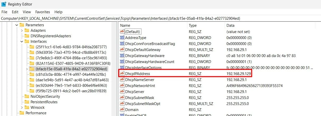 Giao diện Registry Editor của Windows hiển thị giá trị chuỗi DhcpIPAdrdress, đối lập với cách quản lý cấu hình bằng văn bản của Unix/Linux