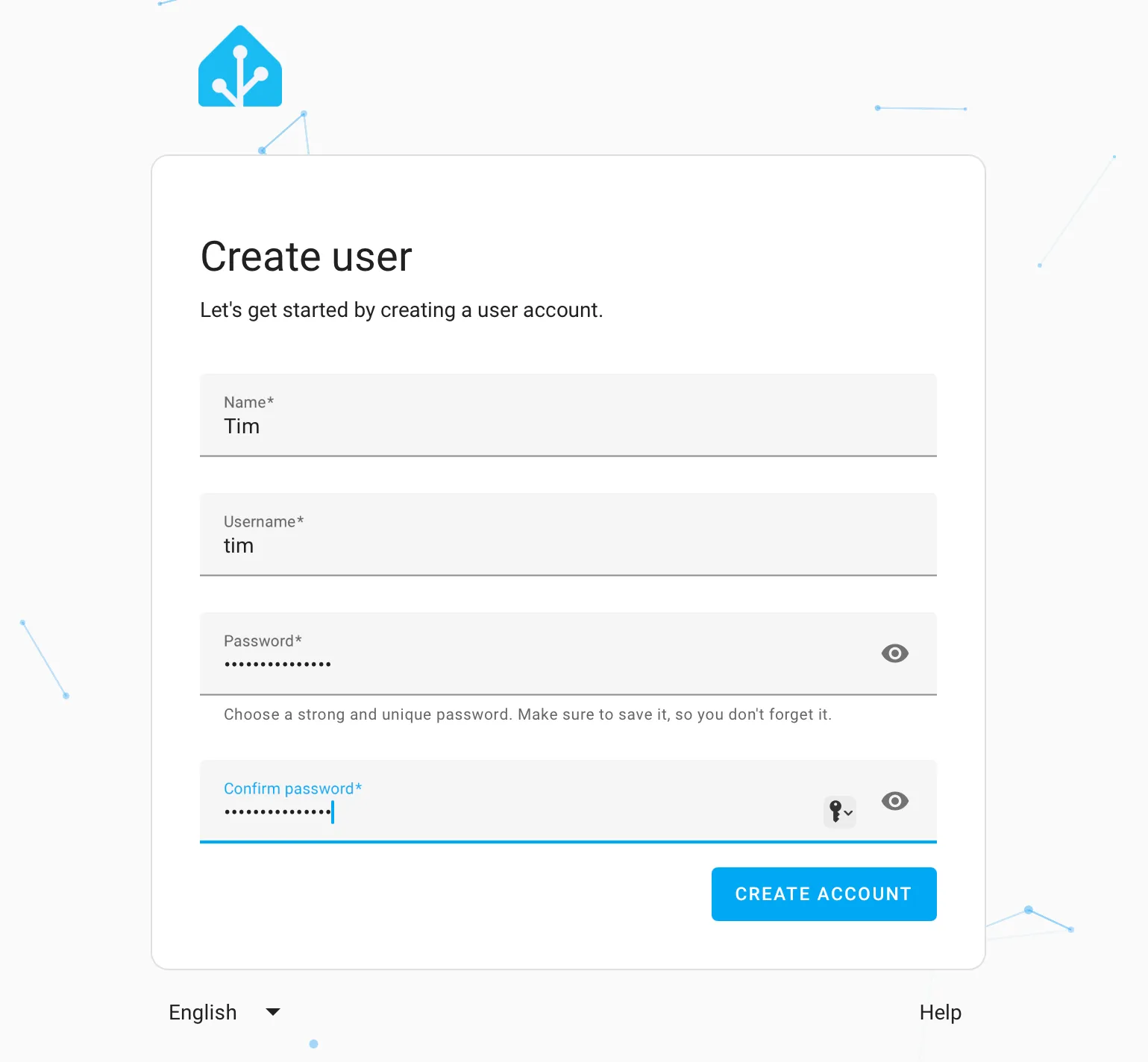 Giao diện tạo người dùng và thiết lập thông tin cơ bản khi lần đầu cấu hình Home Assistant.