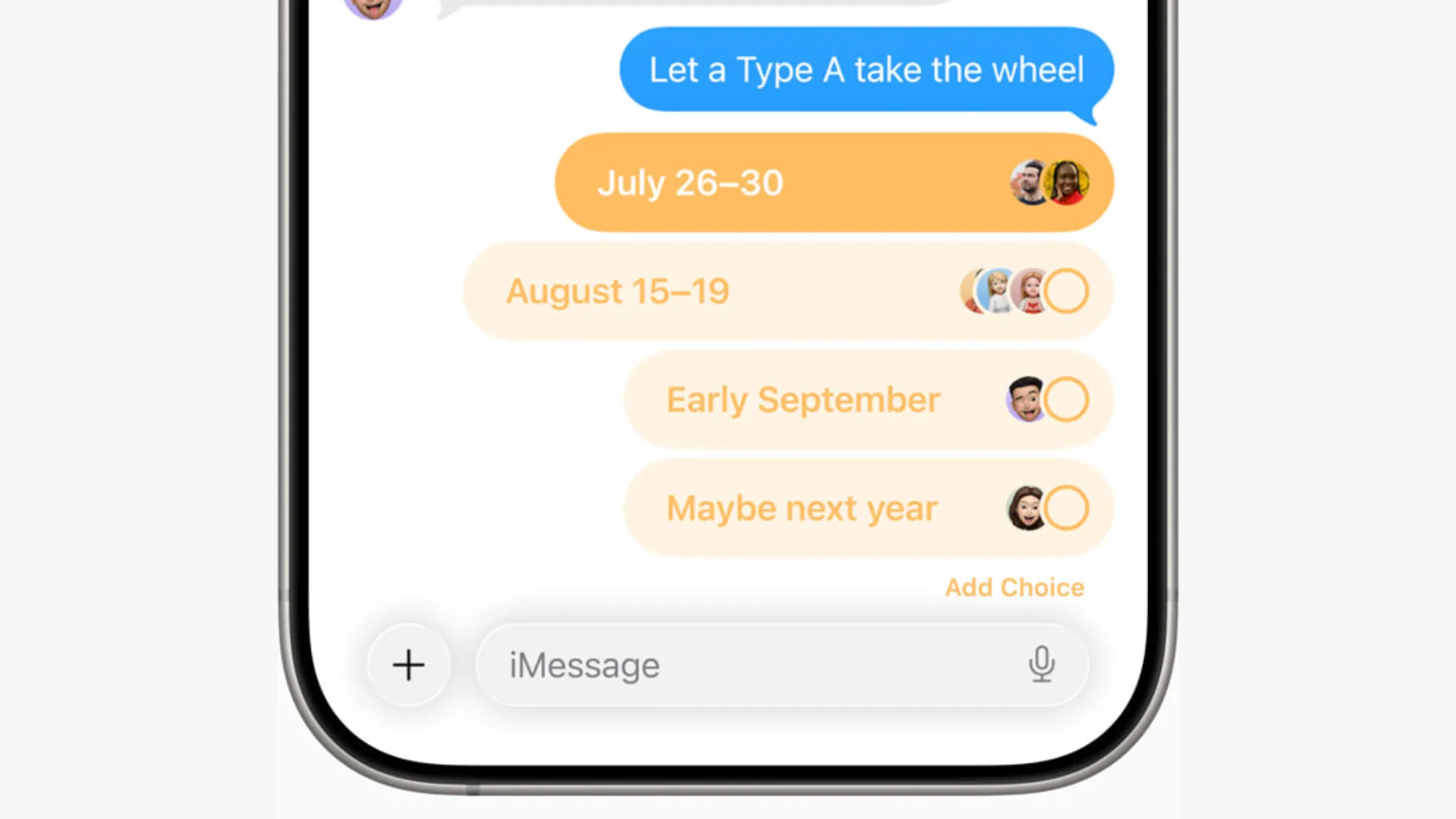 Giao diện tạo thăm dò ý kiến (Poll) trong nhóm chat Apple Messages trên iOS 26, giúp người dùng dễ dàng đưa ra quyết định chung cho kế hoạch.