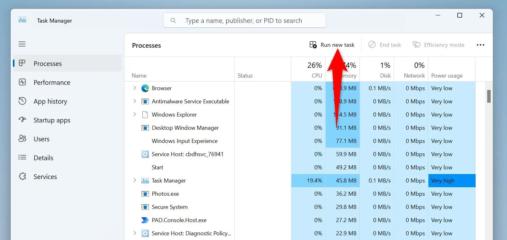 Giao diện Task Manager trên Windows 11 với nút 'Run new task' được đánh dấu.