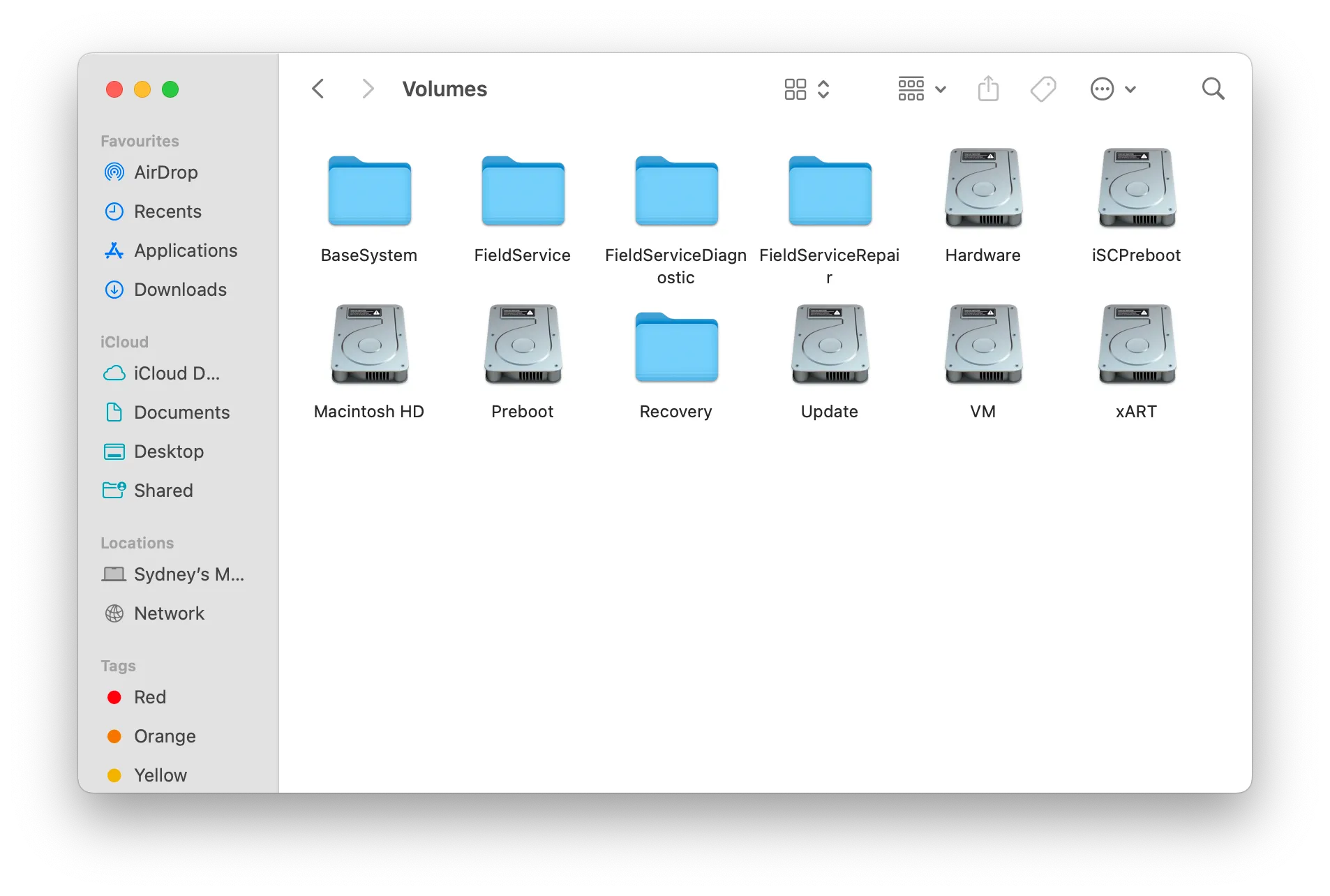 Giao diện thư mục Volumes trong hệ điều hành macOS
