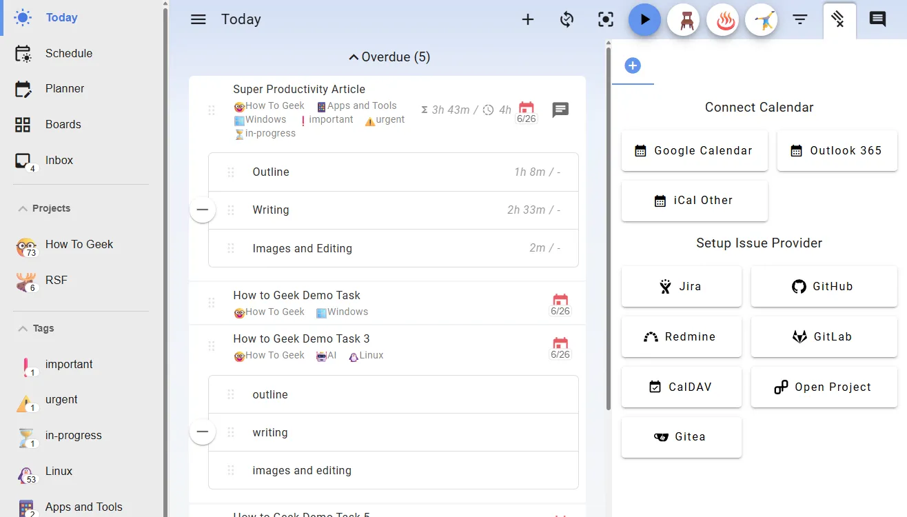 Giao diện tích hợp bên thứ ba của Super Productivity với Google Calendar, Jira, GitHub và các nền tảng khác.
