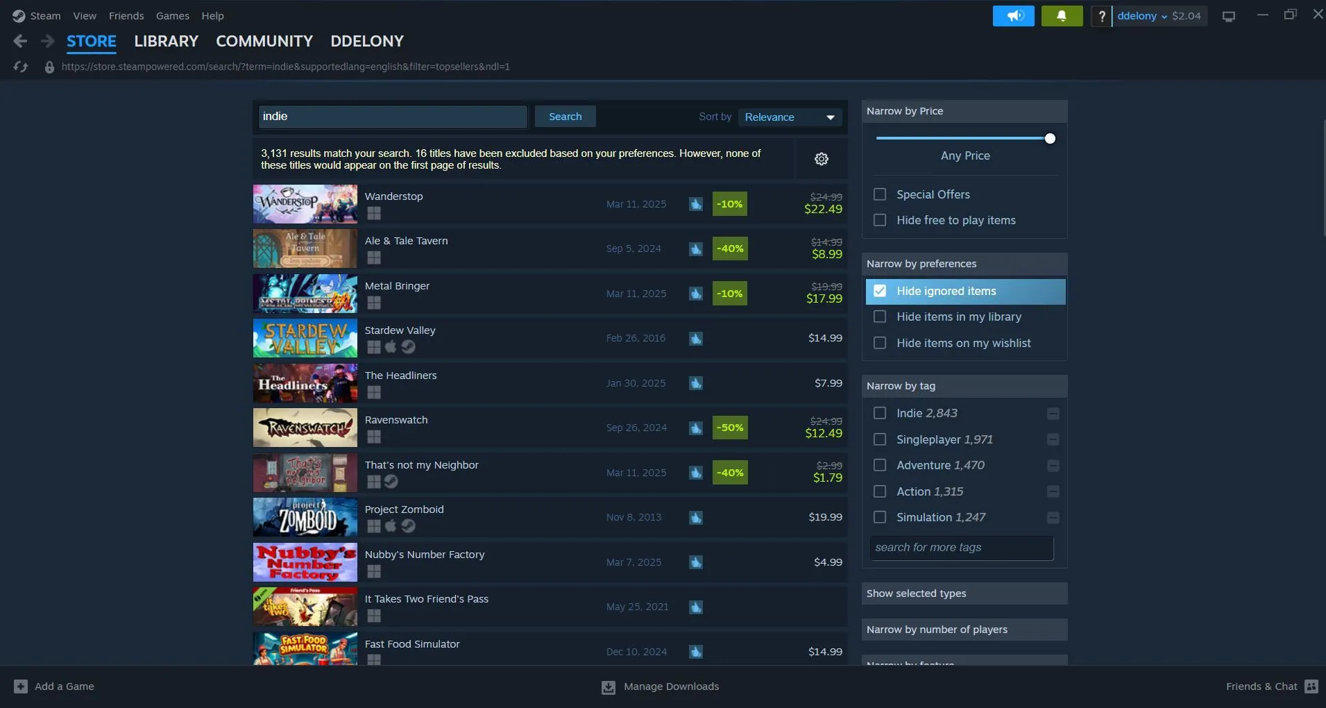 Giao diện tìm kiếm game indie trên Steam, cho thấy sự kế thừa di sản của shareware trong kỷ nguyên số.
