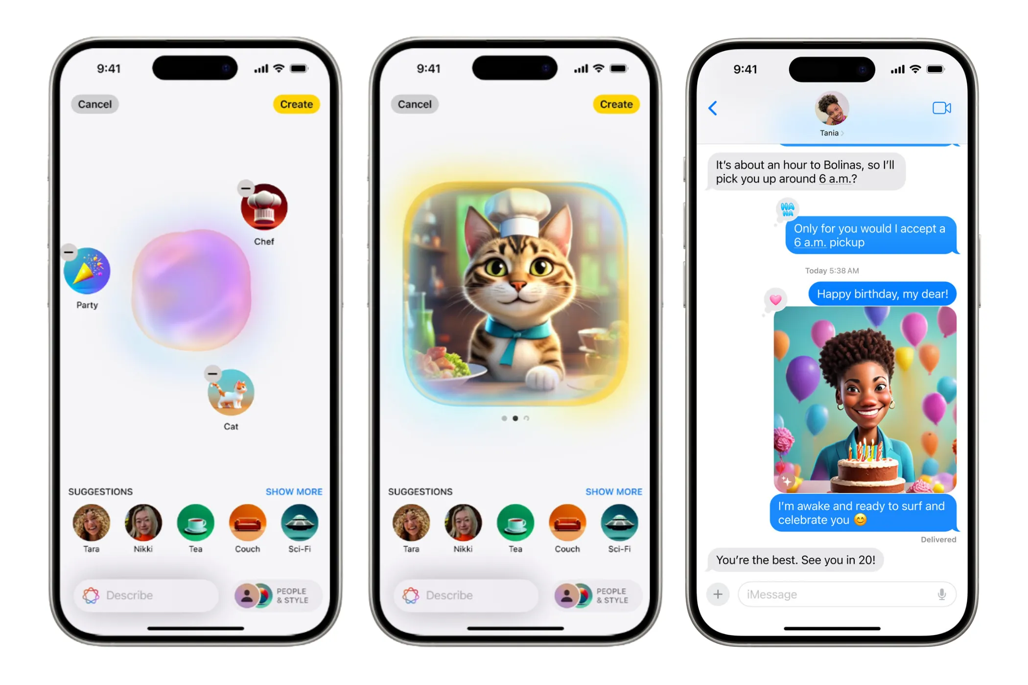 Giao diện tính năng Image Playground trên iPhone, cho phép tạo hình ảnh minh họa hoặc ảnh động, tiềm năng ứng dụng để thiết kế ảnh bìa playlist Apple Music.