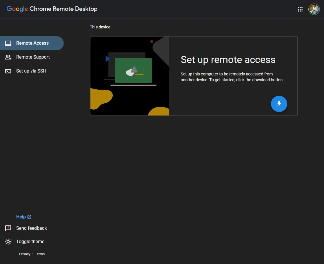 Giao diện trang web Chrome Remote Desktop trên Google Chrome với nút tải xuống phần mềm thiết lập host, hướng dẫn cài đặt điều khiển máy tính từ xa.