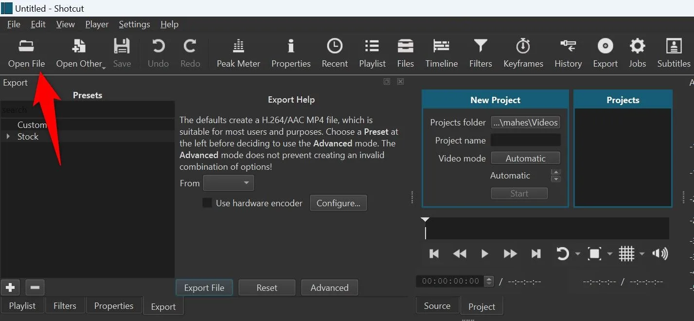 Giao diện trình chỉnh sửa video Shotcut với tùy chọn mở tệp tin, minh họa sự đơn giản và dễ sử dụng