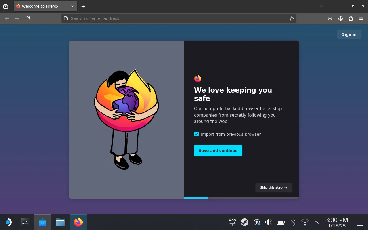 Giao diện trình duyệt Firefox mở trên Steam Deck ở Desktop mode
