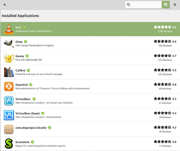 Giao diện trình quản lý phần mềm (Software Manager) của Linux Mint hiển thị danh sách các ứng dụng đã cài đặt, minh họa sự đa dạng và dễ dàng cài đặt ứng dụng trên Mint