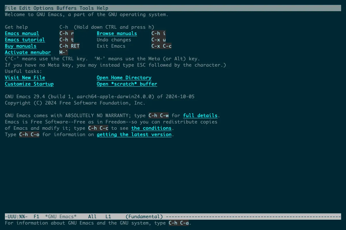 Giao diện trình soạn thảo văn bản GNU Emacs đang mở trong cửa sổ Terminal