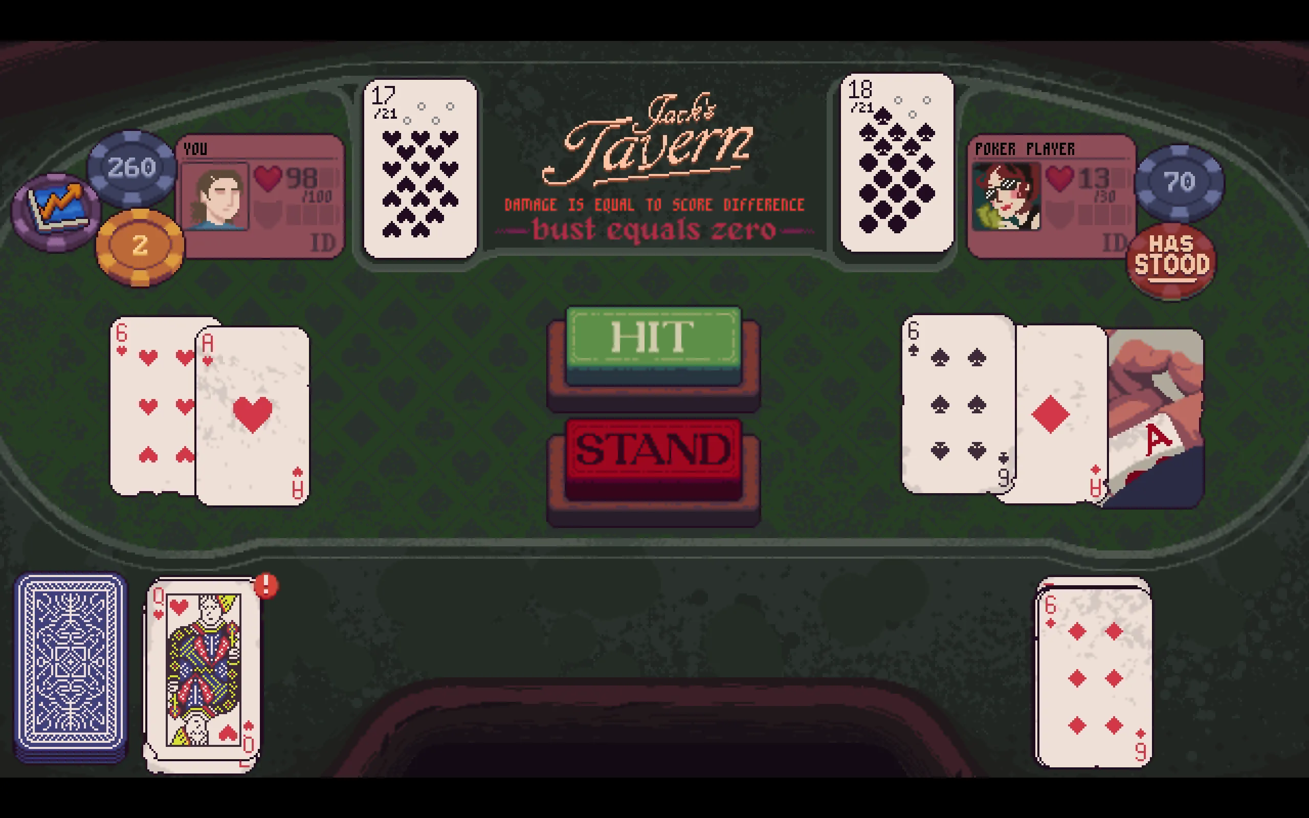 Giao diện trò chơi Dungeons &amp; Degenerate Gamblers, lấy cảm hứng từ Blackjack.